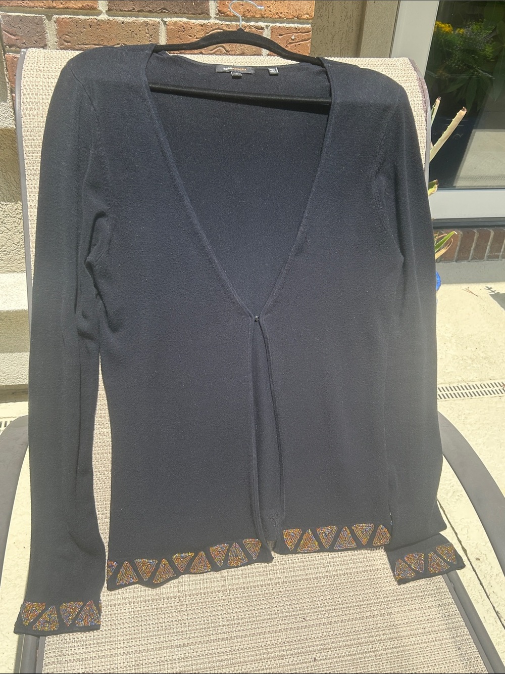 BCBG Black Open-Front Cardigan with Multicolor Geometric Trim